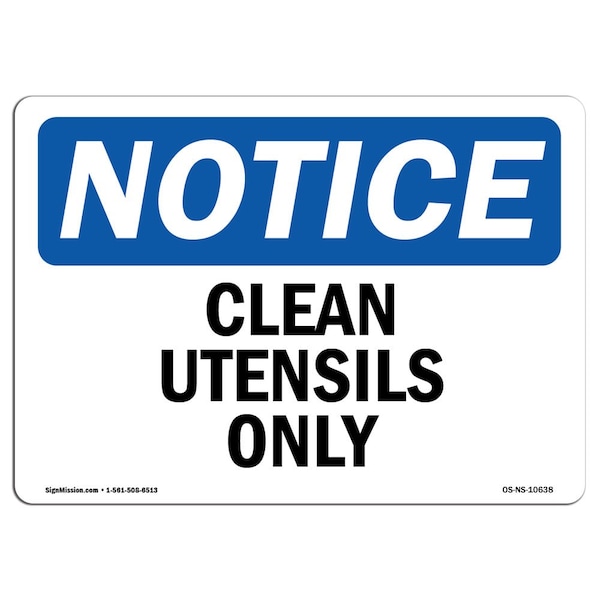 Safety Sign, OSHA Notice, 3.5" Height, Clean Utensils Only Sign, Landscape, 10PK